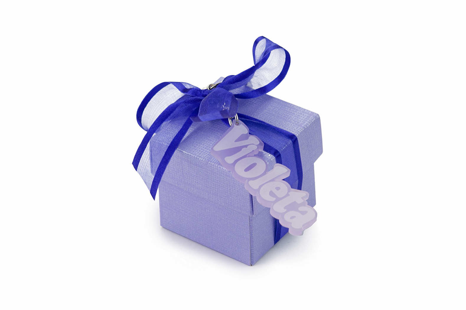 Clauer en forma de lletres personalitzades en capsa violeta per a bateig / comunió / aniversari / casament