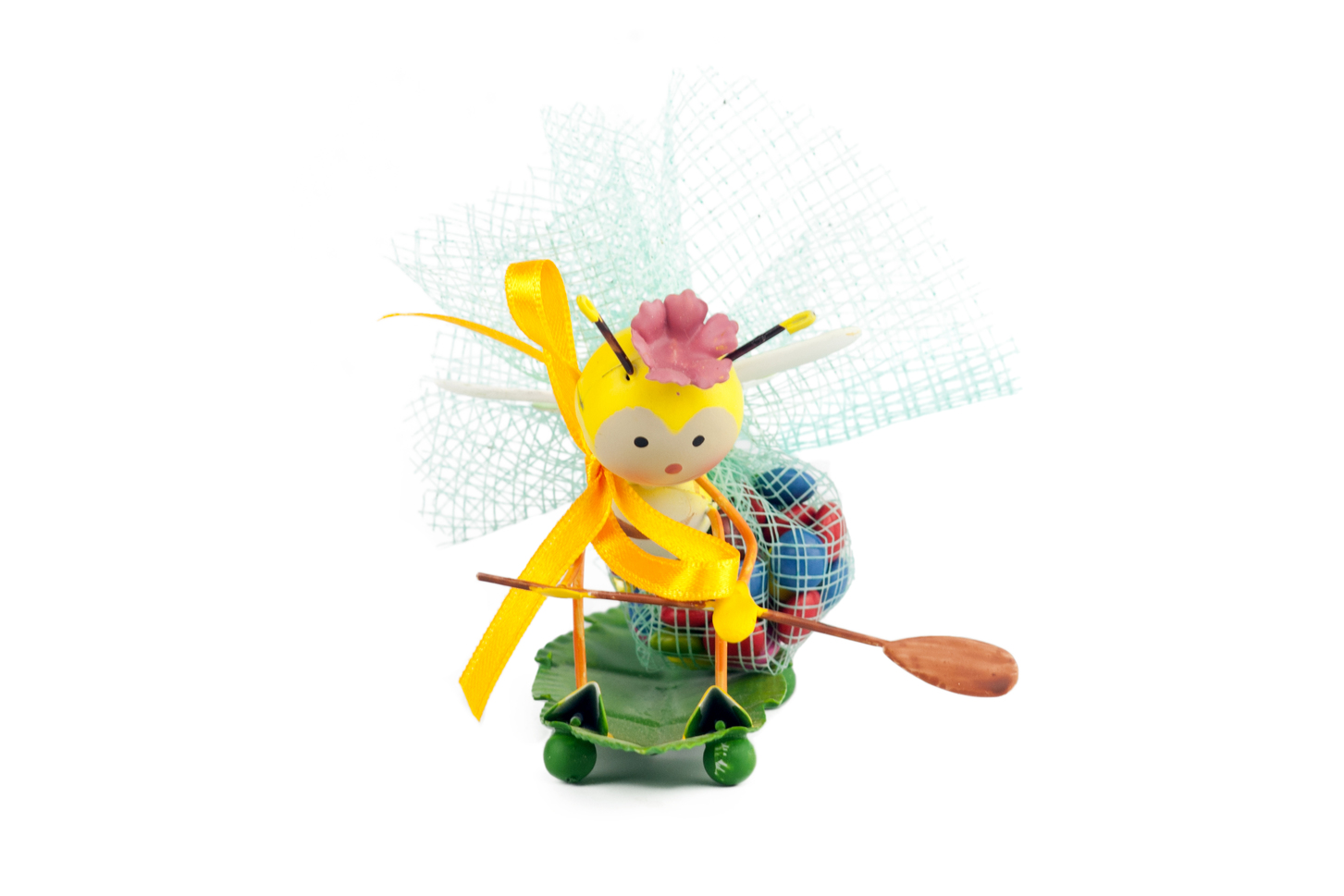 Figura en forma de formiga groga amb fulla i rem per a bateig / Comunió / Aniversari
