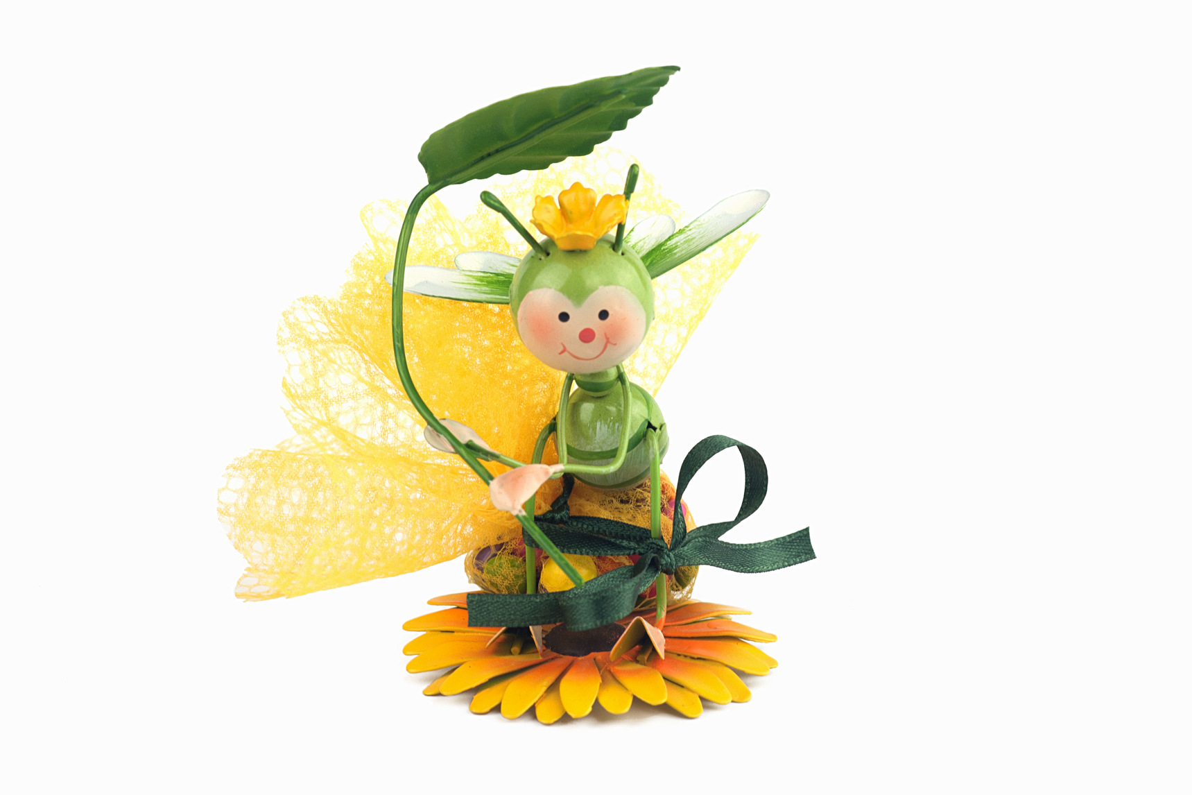 Figura en forma de formiga verda amb una flor groga i una fulla per a bateig / Comunió / Aniversari