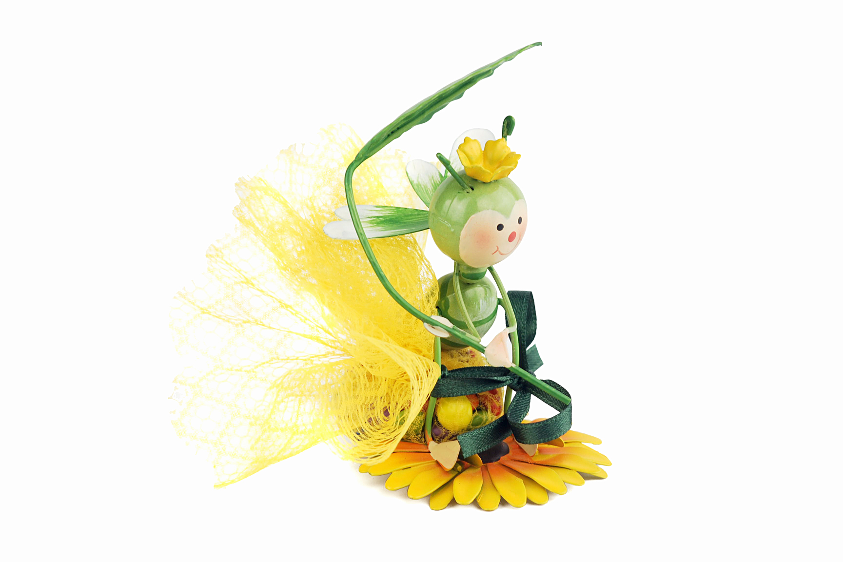 Figura en forma de formiga verda amb una flor groga i una fulla per a bateig / Comunió / Aniversari